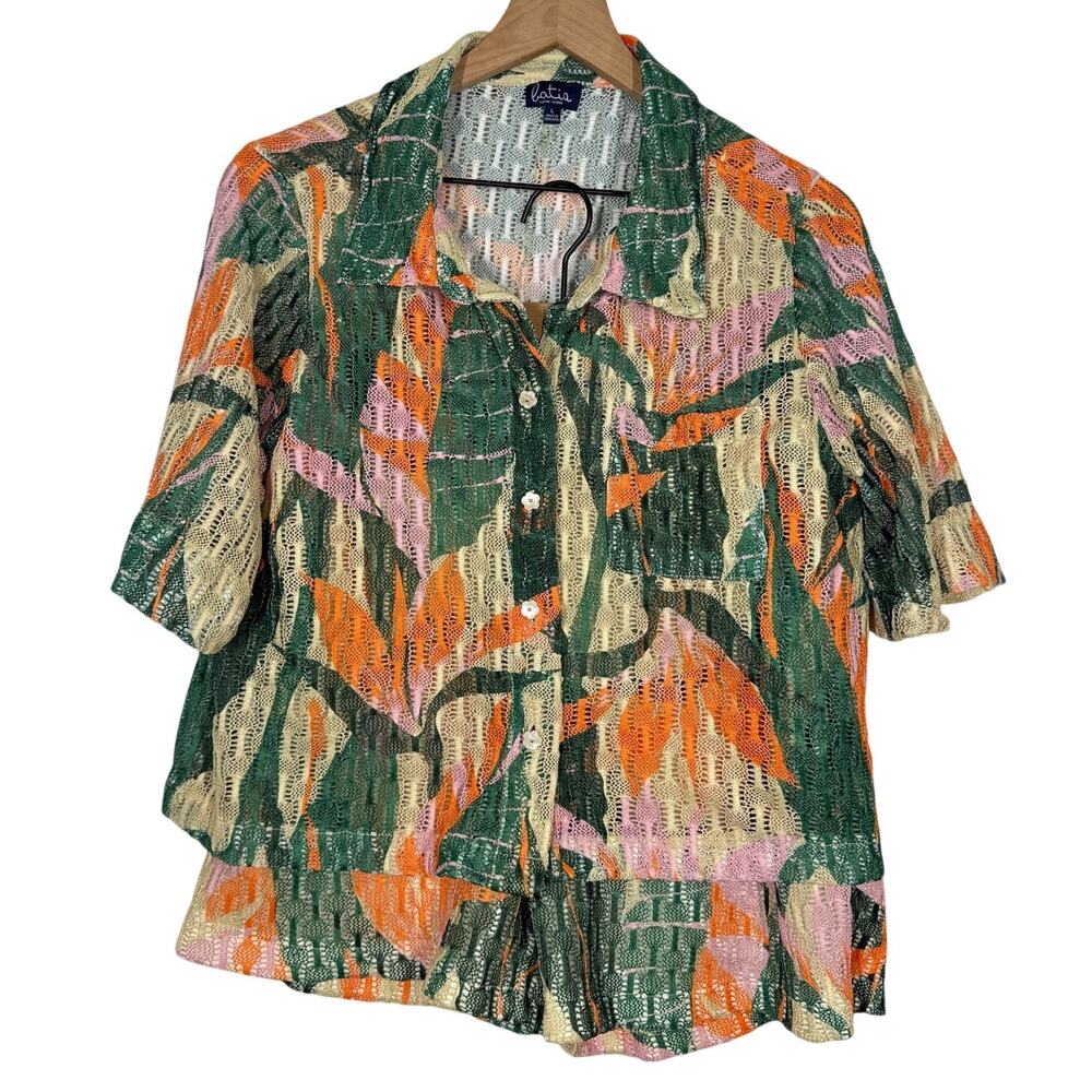 Batia New York Knit Set Sz L Tropical Vacation Coastal Beach Collared‎ Button Up